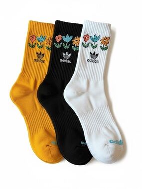 Adidas Floral Crew Socks 3 Pair Bundle Black White Yellow